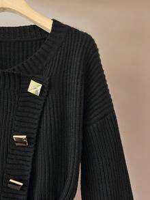 GlowEve Black Crew Neck Drawstring Waist Knit Cardigan For Women, Elegant Relaxed Fit Loose Sweater Top With Metal Button Decor, Suitable For Autumn/Winter