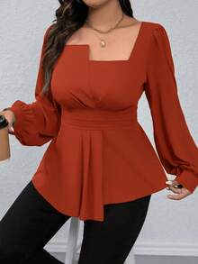 SHEIN Clasi Áo sơ mi tay dài cổ vuông màu trơn viền bèo nhún cỡ lớn, thường ngày cho dịp Giáng sinh, áo peplum - Màu Cam cháy - Xem 7