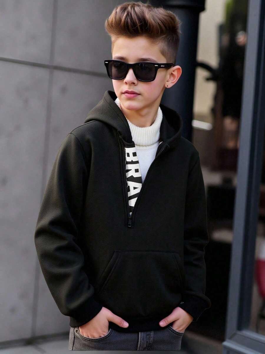 Sparklyn 青少年男童字母印花长袖拉链半开襟口袋休闲卫衣 - 黑色 - 查看 1