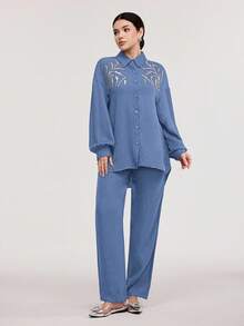 Veilorie 2件套 女士休闲亮片刺绣衬衫和裤子套装 - 藍色 - 查看 1
