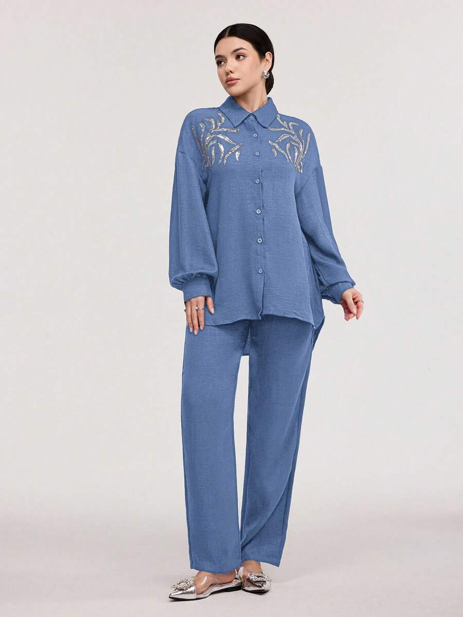 Veilorie 2件套 女士休闲亮片刺绣衬衫和裤子套装 - 藍色 - 查看 1