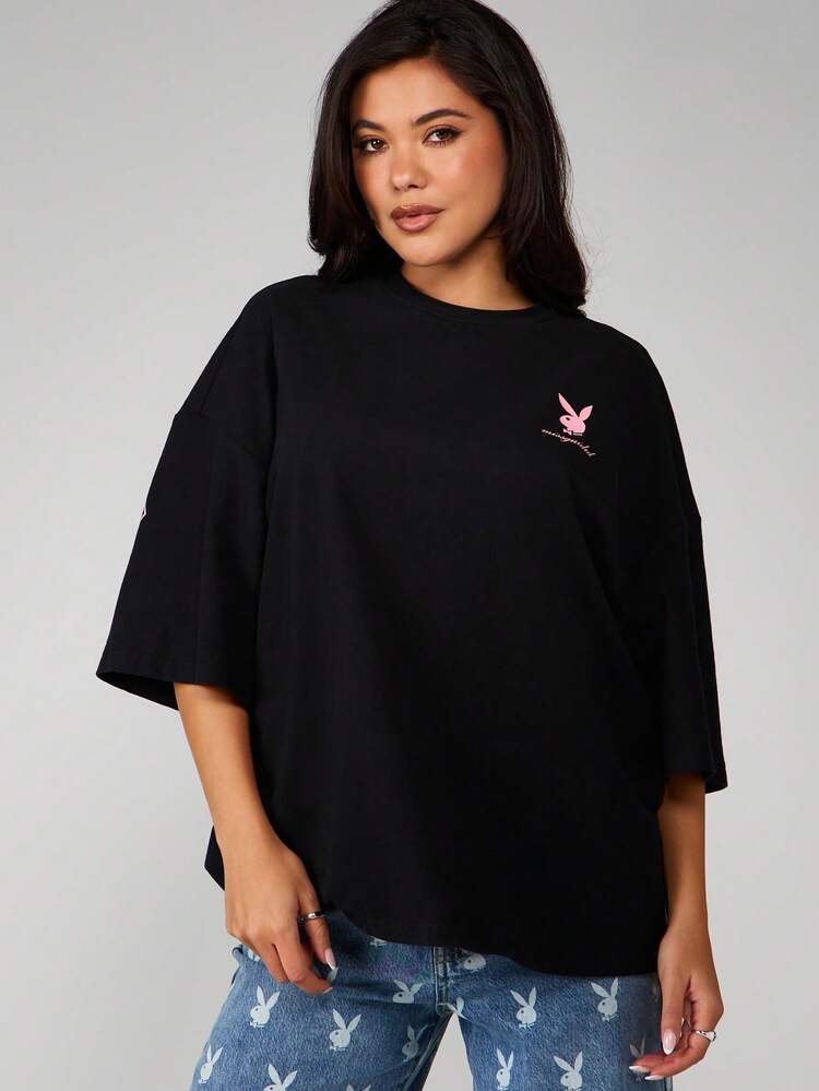 Missguided x Playboy Oversized Graphic Tee With Large Outline Logo Back Print And Small Front Chest Logo Design Short Sleeve Cotton Blend Casual Top