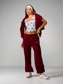 Missguided x Playboy Quần nỉ chạy bộ bo gấu cỡ lớn có túi bên hông và dây rút ở eo, thích hợp mặc ở nhà thường ngày và thoải mái hàng ngày - Màu Đỏ Sâu - Xem 3