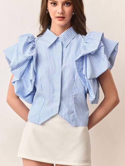 Aveloria Modichic 法式设计，条纹面料，泡泡袖，优雅时尚的高档女士翻领衬衫