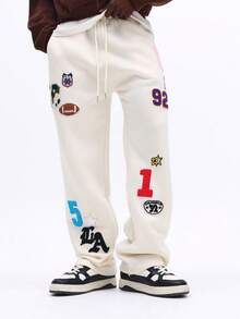 SUMWON Badge Decorated Fleece Sweatpants With Sports And Varsity Number Patches Drawstring Waist Casual Lounge Pants - Apricot - View 5