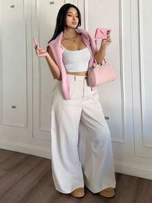 SHEIN PETITE CURVE Plus Size Women's Solid Color Casual Everyday Commute Simple Versatile Loose Comfortable Wide Leg Pants - Apricot - View 3