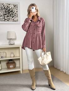 Easowa Áo sơ mi nữ kẻ caro tay dài cài cúc phía trước, có túi và vạt áo xếp ly, kiểu dáng rộng rãi thoải mái. Áo sơ mi nữ in họa tiết kẻ caro tay dài cổ bẻ cài cúc phía trước và vạt áo xếp ly ở eo, kiểu dáng rộng rãi thoải mái. Áo sơ mi nữ họa tiết kẻ caro tay dài cài cúc phía trước, vạt áo xếp ly, kiểu dáng thời trang rộng rãi. - Đỏ - Xem 5