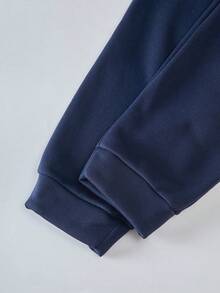 SHEIN Tween Girls' Casual Solid Color Letter Embossed Crew Neck Sweatshirt And Sweatpants Set, Autumn - Navy Blue - View 4