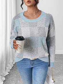 EMERY ROSE Plus Size Elegant Color Block Plaid Crew Neck Long Sleeve Sweater - Blue - View 1
