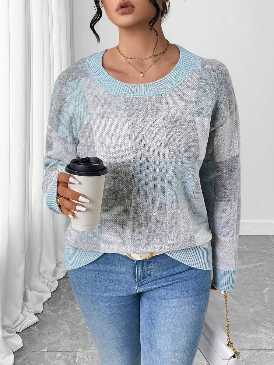 EMERY ROSE Plus Size Elegant Color Block Plaid Crew Neck Long Sleeve Sweater - Blue - View 1