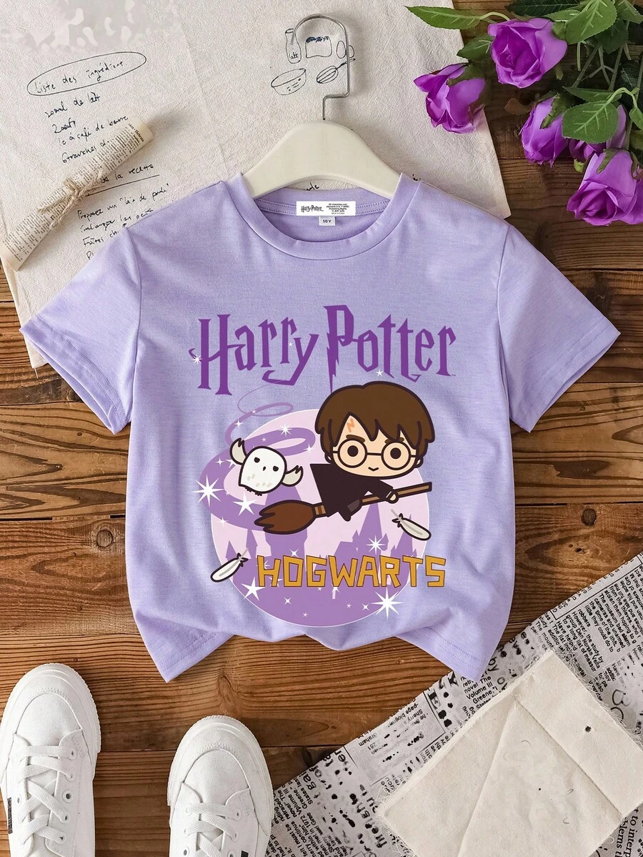 HARRY POTTER X SHEIN Tween Girl Casual Cartoon & Letter Graphic Short Sleeve T-Shirt, Suitable For Summer - Mauve Purple - View 1