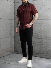Manfinity CasualCool 男士休闲撞色条纹短袖衬衫，夏季波西米亚风男士衬衫，复古男士衬衫，酒红色男士衬衫，圣诞风 - 酒紅色 - 查看 4