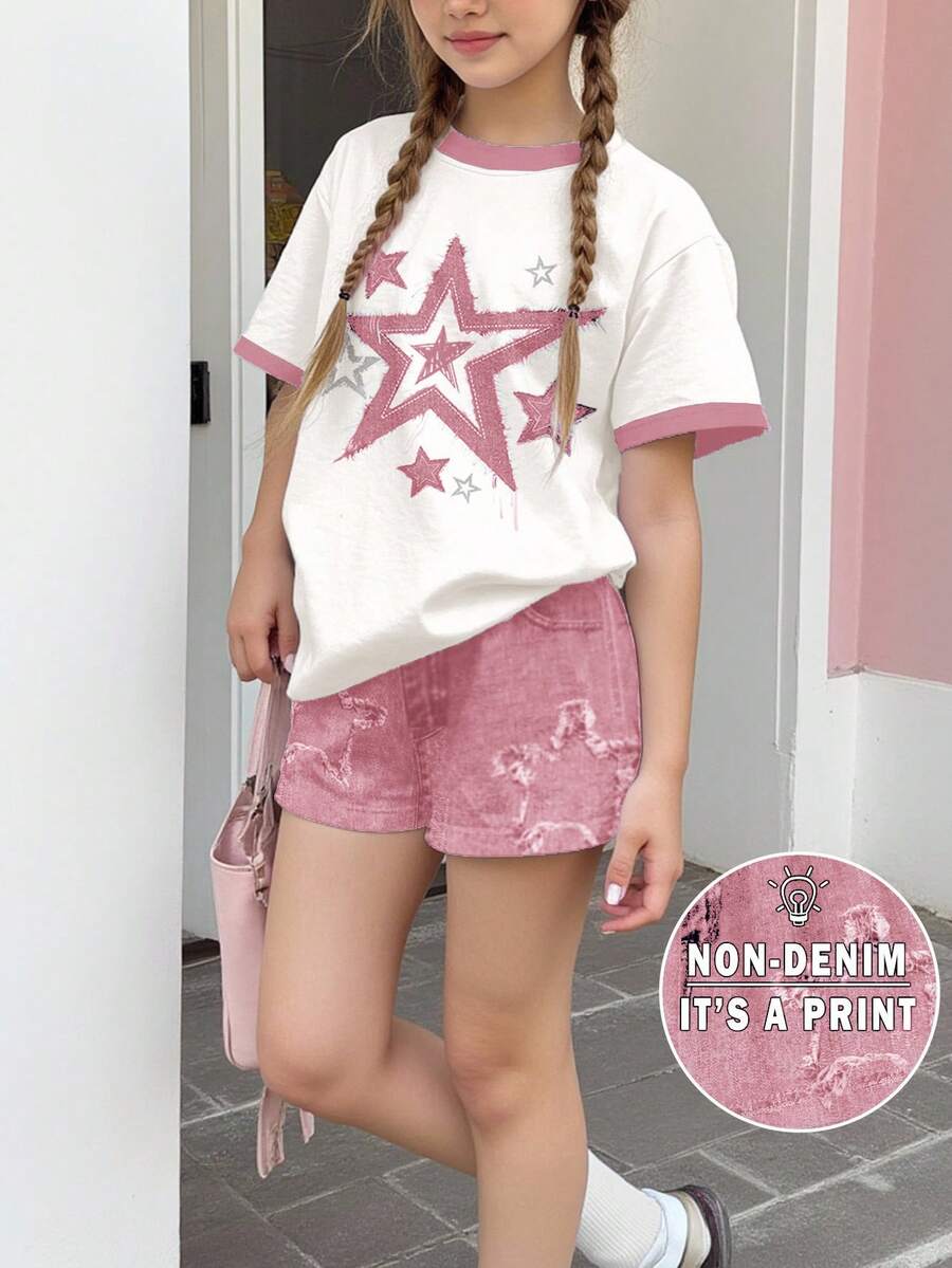 SHEIN Leap Crew 2件套复古拼接星形图案少女休闲圆领短袖T恤和短裤套装，夏季 - 彩色 - 查看 1