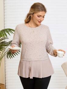 Rosumi 大码女式圆领长袖褶裥下摆休闲T恤，适合圣诞节、新年等节日穿着，优雅舒适，适合情人节、母亲节等场合，舒适休闲沙滩套头衫，春假休闲装，女士长袖上衣 - 灰色 - 查看 3