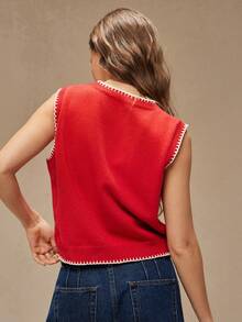 WESTFADE Round Neck Multi Stitch Summer Lobster Intarsia Sweater Tank Top Spring Break Vacation - Red - View 5