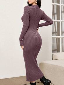 Modelyn Váy dệt kim bó màu trơn thanh lịch dành cho nữ, Thu/Đông - Bụi tím - Xem 2