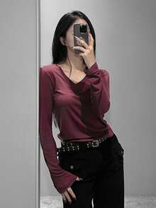 DAZY V-Neck Long Sleeve T-Shirt, Versatile Base Layer Top For Women, Autumn/Winter - Burgundy - View 3