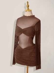 SHEIN ICON Mesh Patchwork Sheer Ruched Long Sleeve Mini Dress,Dresses For Women Party - Brown - View 3