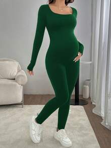 SHEIN Maternity Solid Color Long Sleeve Fitted Comfortable Jumpsuit - Dark Green - View 3