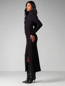 MISSGUIDED 罗纹高领长袖修身长款连衣裙，侧开衩，带垫肩，适合晚宴派对穿着 - 黑色 - 查看 5