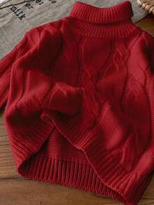 SHEIN LMoss Kids LMoss Cute And Versatile Milk White Simple High Neck Long Sleeve Sweater For Baby Girls, Autumn/Winter - Burgundy - View 4
