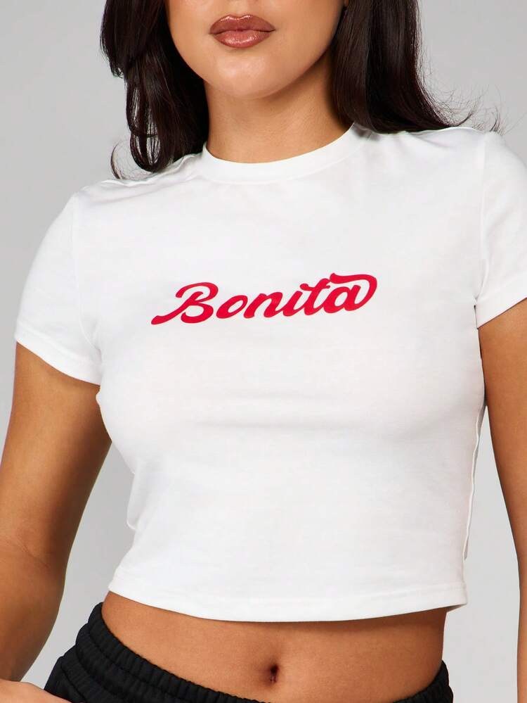 MISSGUIDED White Short Sleeve Bonita Script Logo Baby Tee Crop Top Cotton Blend Casual Fitted Crew Neck Summer Fashion Basic Tee