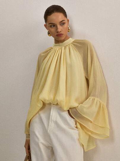 ATUI Studio 女士纯色立领长喇叭袖褶皱宽松优雅衬衫