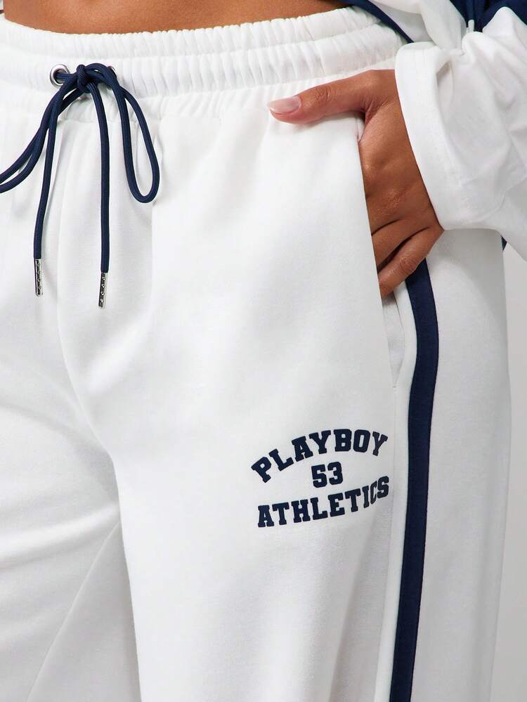 Missguided x Playboy Athletics Wide Leg Drawstring Joggers Women Casual Loose Fit Sweatpants Side Stripe Track Pants Loungewear Fall Winter Comfort