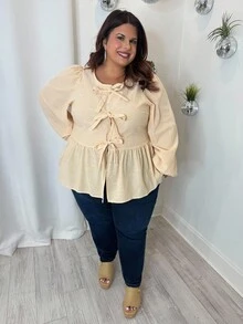 Enliva 大码女装春秋时尚休闲宽松舒适日常黄色条纹长袖蝴蝶结衬衫，女式衬衫，母女装，女士度假装，曲线可爱上衣，波西米亚风，女士早午餐装，奶油黄 - 黃色 - 查看 3