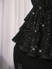 SHEIN ICON 大码女式纯色亮片荷叶边优雅时尚吊带衫 - 黑色 - 查看 9