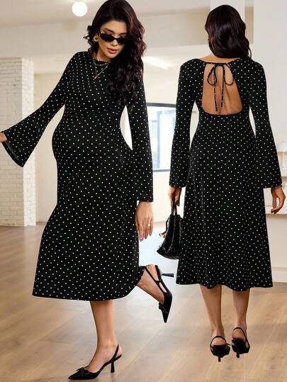 MaterniWear Spring Outfit Women, Office,Business Maternity Work Clothes Maternity Dress Casual Woman,Fall Clothes,Autumn Clothes,Autumn Clothes Maternity Maternity Round Neck Flare Sleeve Polka Dot Elegant Dress Black Polka Dot Dress Long Sleeve Maternity Dress Pokadot Dress Black Church Dress Women Polka Dot Maternity Dress Black Dress Women,Elegant Dresses For Women,Black Dress, Polka Dot Dress Women's Black Dress