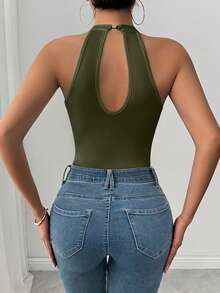 Glamine Mesh Patchwork Halter Backless Sheer Bodysuit - Olive Green - View 2