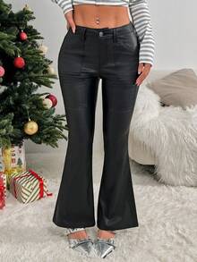 SHEIN EZwear 女士时尚百搭纯色涂层喇叭裤 - 黑色 - 查看 4