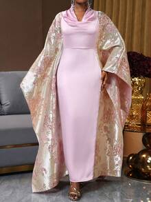 SHEIN Ladiora Đầm midi tay loe khoét eo họa tiết vải satin cổ xếp nếp cho nữ, sang trọng, thanh lịch, dự tiệc, thu/đông - Hồng - Xem 4