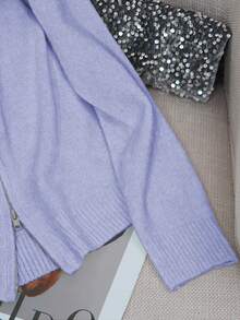 GlowEve Áo khoác cardigan tối giản màu trơn có mũ trùm đầu bằng vải nhung có khóa kéo dành cho nữ - Màu tím hoa cà - Xem 3
