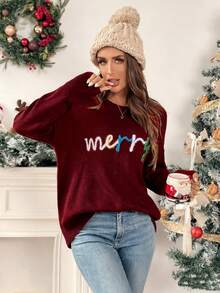 EMERY ROSE Letter Appliques Crew Neck Long Sleeve Sweater For New Year Clothes - Burgundy - View 6