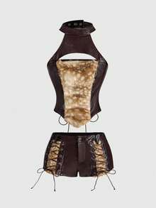 Hippie Bộ 2 quần short cạp thấp họa tiết động vật Wild Girl & hươu cổ điển bằng da PU cho nữ - màu nâu - Xem 1