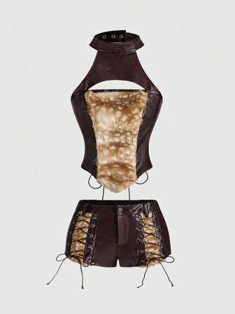 Hippie Set de 2 shorts súper bajos con estampado de animal salvaje y parche de ciervo en estilo vintage para mujeres