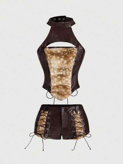 ROMWE Hippie 2件套复古野性女孩动物印花和鹿图案拼接PU低腰超短裤套装（女款）