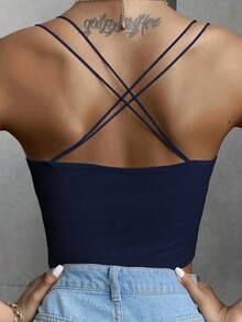 INAWLY Royal Blue Rib Knit Cami Top For Women With Spaghetti Straps Casual Short Tank Top Plain Pattern - Royal Blue - View 2
