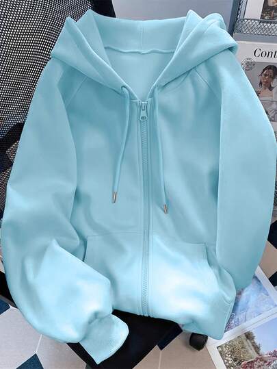 Resyla Women's Solid Color Raglan Sleeve Zipper Front Pocket Drawstring Sweatshirt
