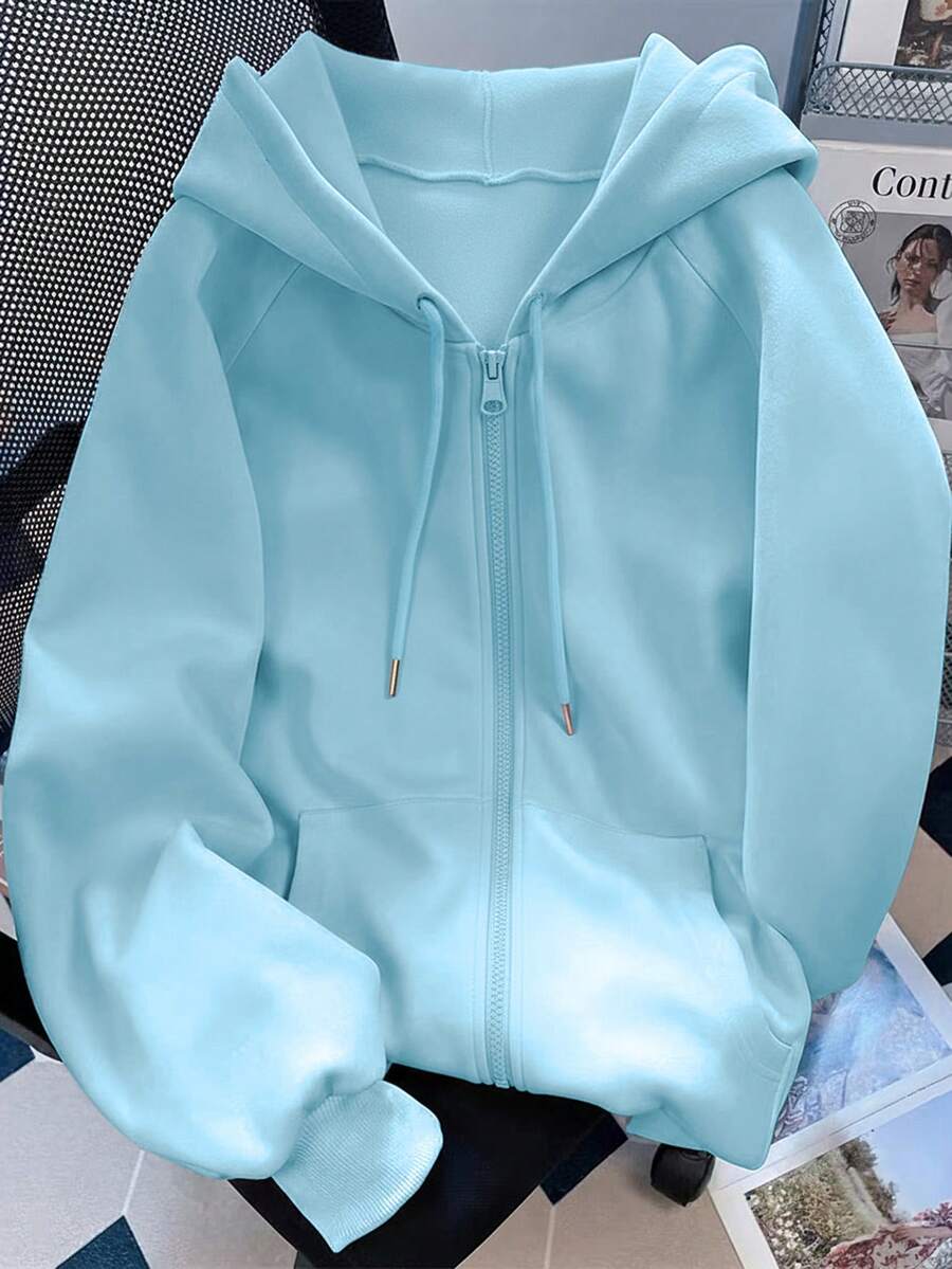 SHEIN Women's Solid Color Raglan Sleeve Zipper Front Pocket Drawstring Sweatshirt - Blue - View 1