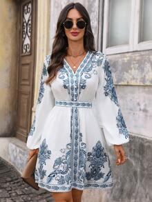 EMERY ROSE Women's Vintage Casual Long Sleeve Waist Cinched Short Dress,White And Blue Floral,Autumn,Boho,Tea Party,Holiday Lantern Sleeve Vacation Outfits - Blue and White - View 4