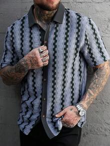 Manfinity CasualCool 男士条纹短袖单排扣休闲衬衫 男士沙滩衬衫 男士短袖衬衫 男士夏季衬衫 - 灰色 - 查看 6