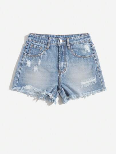 SHEIN EZwear 破洞毛邊緣牛仔短褲