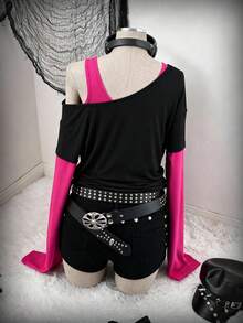 Sunspun Áo thun tay dài in họa tiết xương chéo vai cỡ lớn 2 trong 1 màu tương phản - Nhiều màu - Xem 2