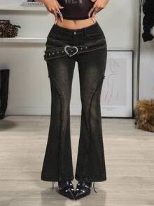 SHEIN Unity Y2K Fashion High-Waisted Heart-Shaped Belt Frayed Hem Flare Leg Washed Denim Jeans - Black - View 1