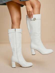 Daringsoles 女士时尚百搭通勤厚底高跟过膝长靴 - 白色 - 查看 6