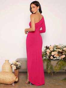 SHEIN Belle Women's Solid Color Pleated Side Slit Fitted Elegant Party Dress - Hot Pink - View 2