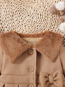 Souflis Souflis Baby Girls' Solid Color Fluffy Lapel 3D Bow Wool Blend Dress Coat. The Collar And Cuffs Are Made Of Fluffy Fabric, Fashionable And Generous; The Solid Color Buttons On The Placket Are Simple And High-End; The 3D Bow At The Waist Is Cute - Brown - View 8
